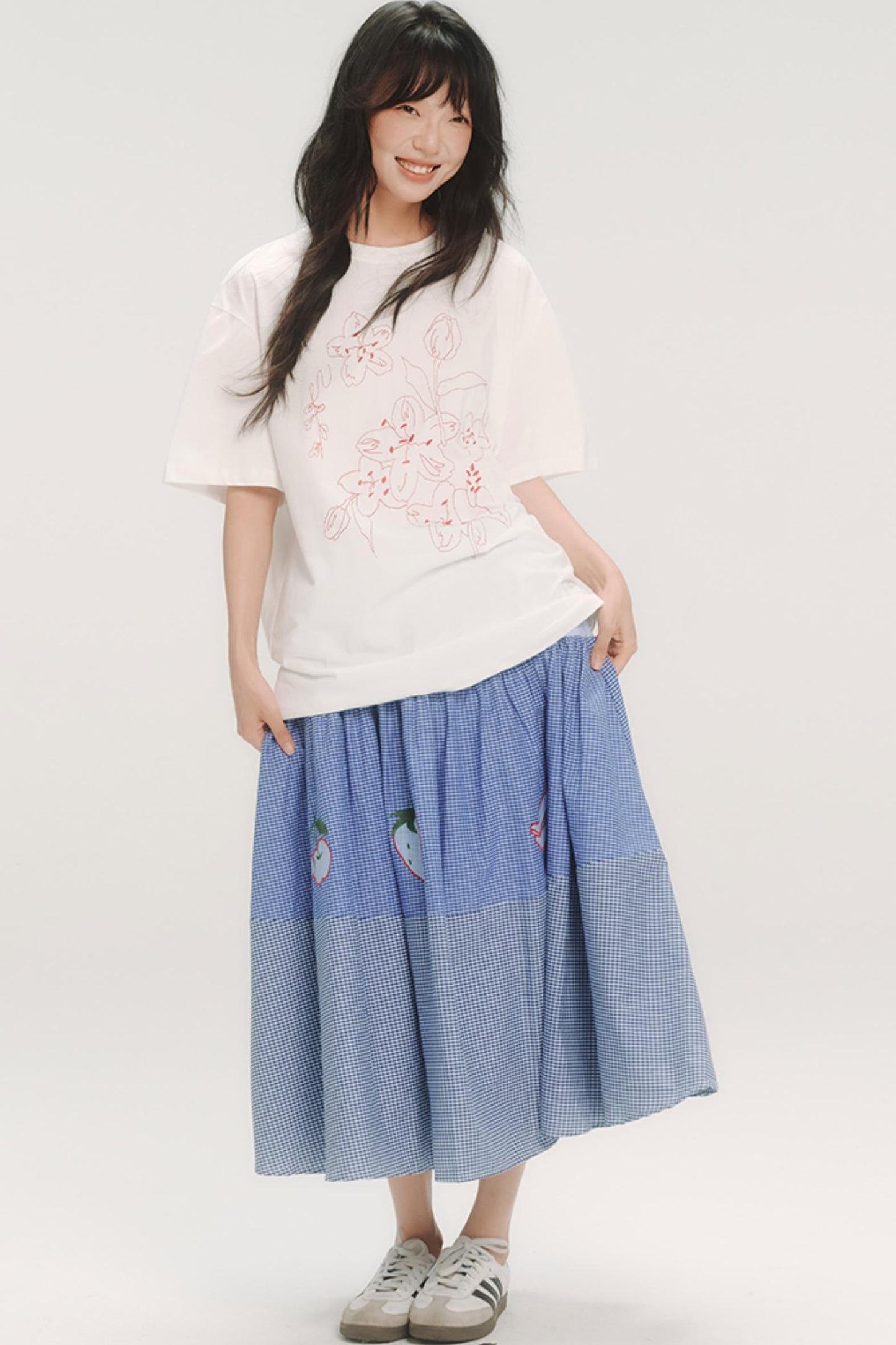 Blue Check Elastic Waist Skirt