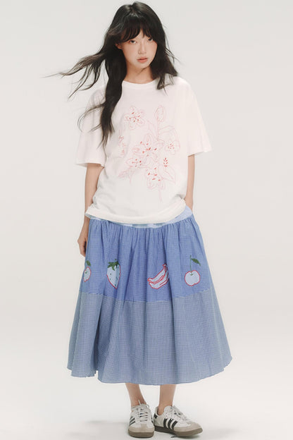 Blue Check Elastic Waist Skirt