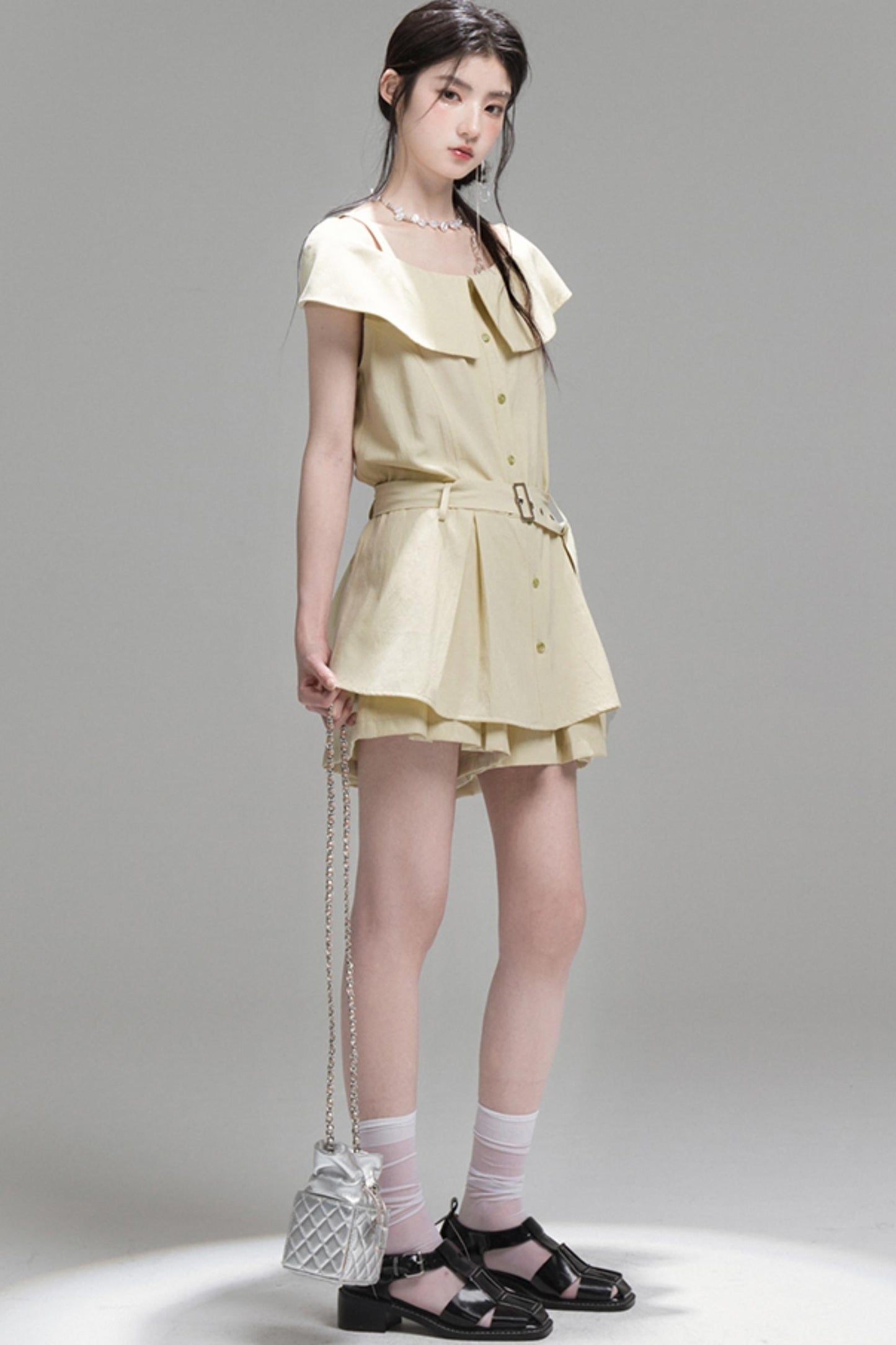 Layered Green Cutout Shirt & Pleat Shorts Set