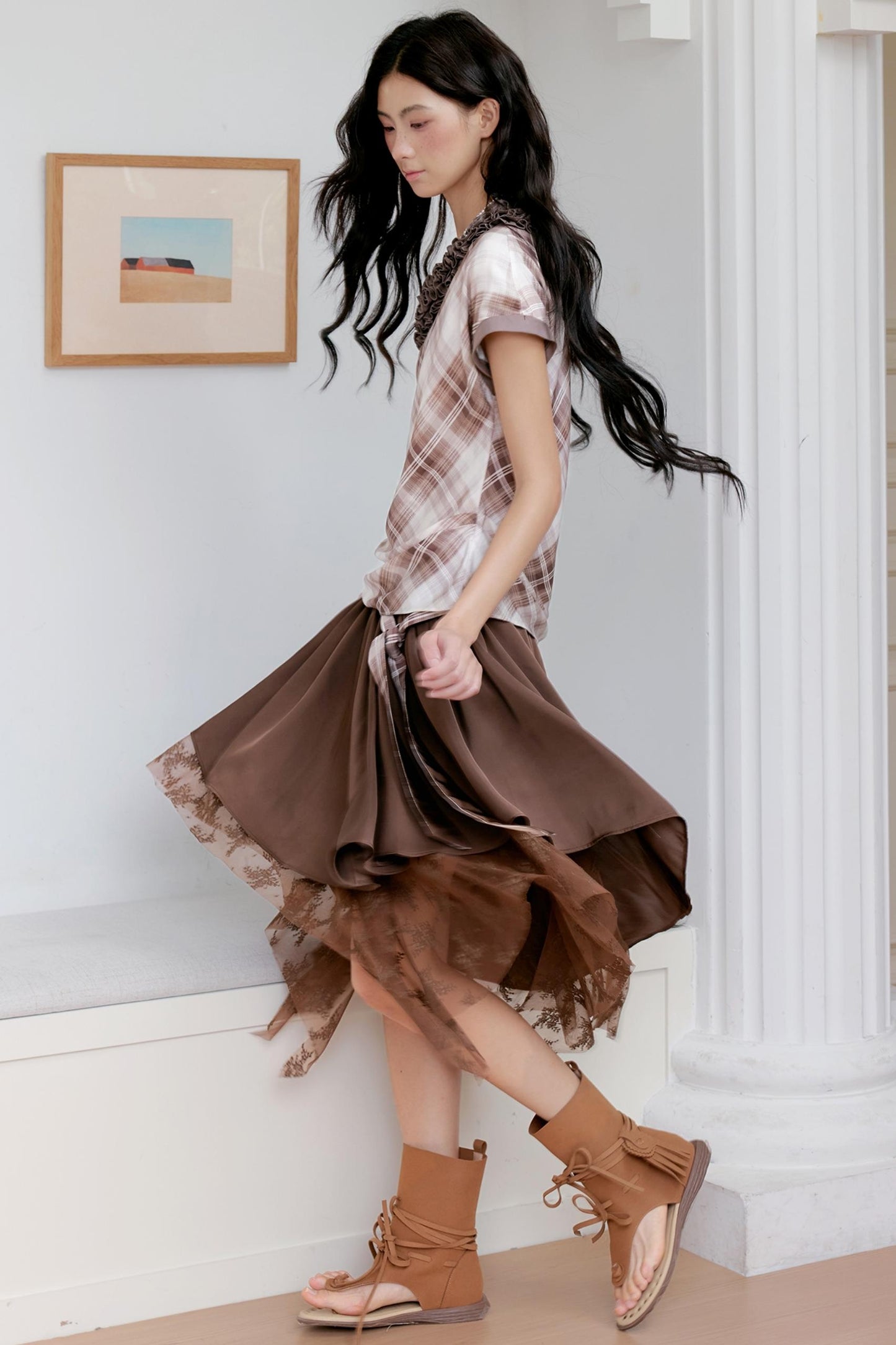 Plaid Lace Raglan Top