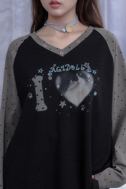 Fighting Spirit Cat Print Raglan T-shirt