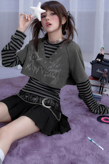 Furry Gray Striped Hooded Two-Piece Set-Up