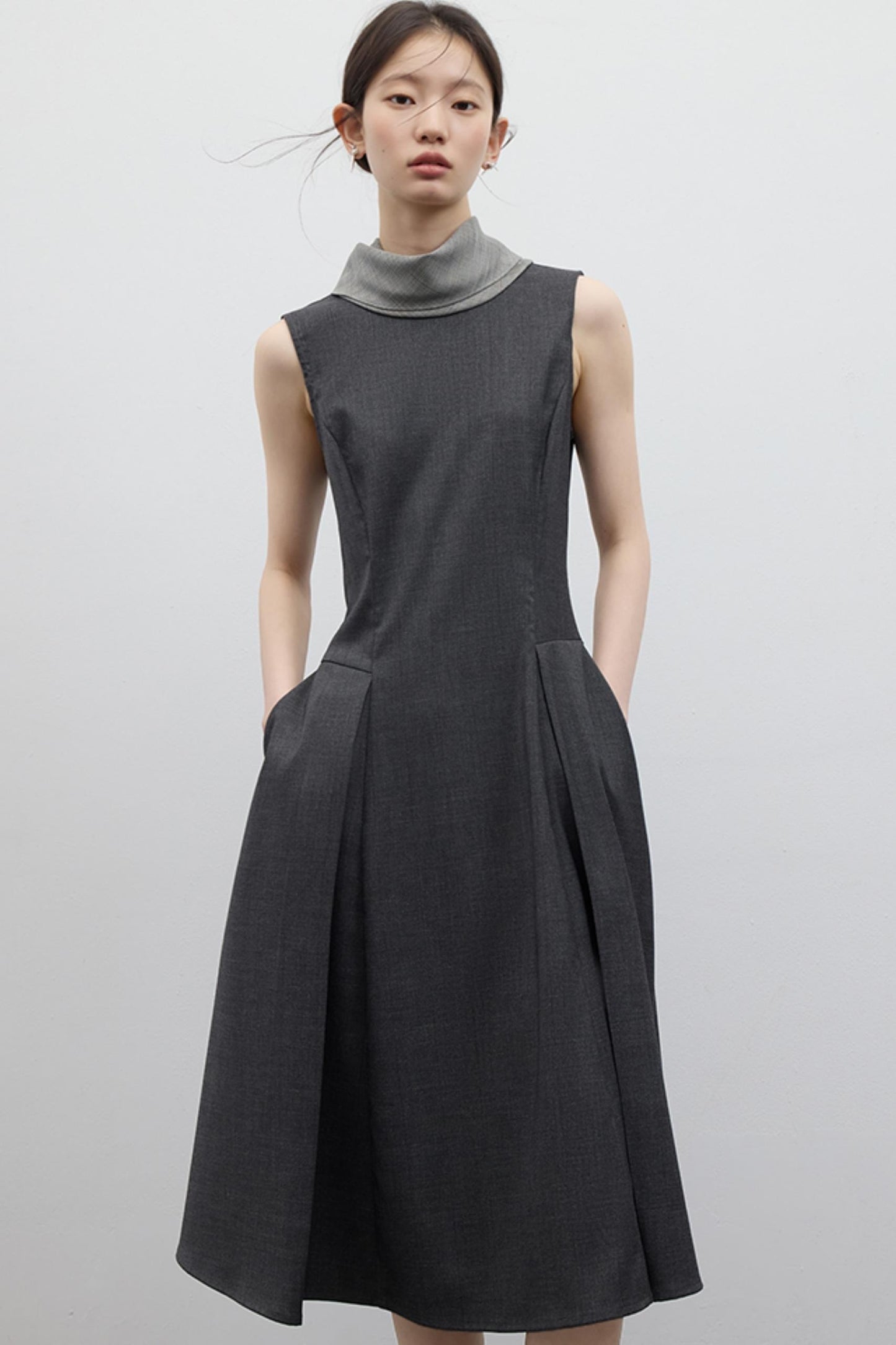 Gray Pleated Slim Fit Dress