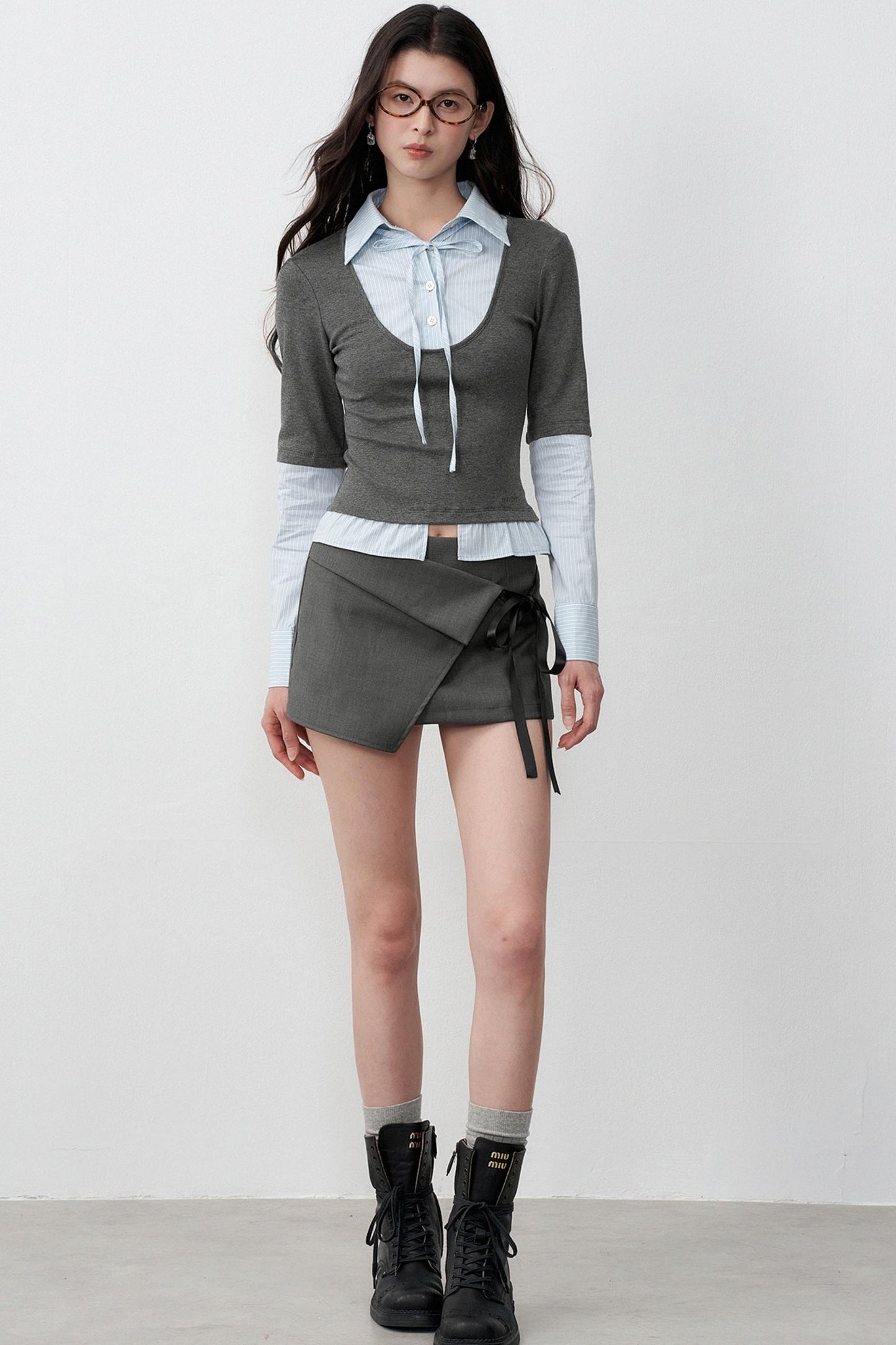 Gray Bow Lace-Up A-Line Skirt