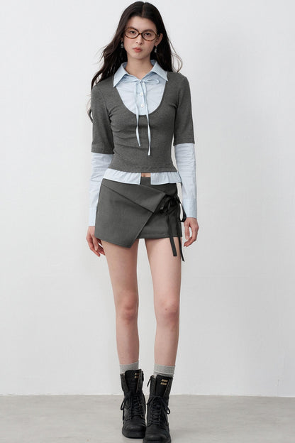 Gray Bow Lace-Up A-Line Skirt