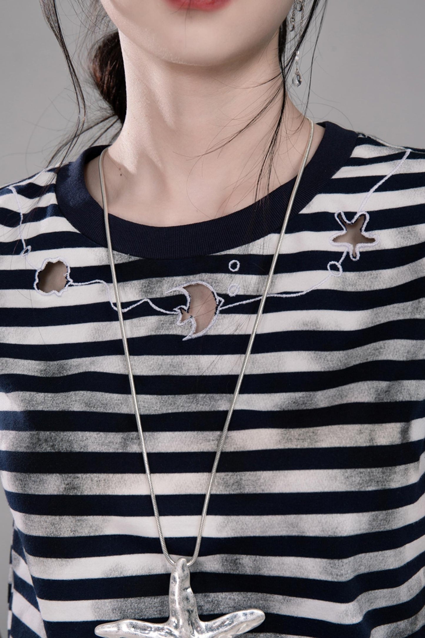 Navy Cut-Out Embroidered Striped T-Shirt