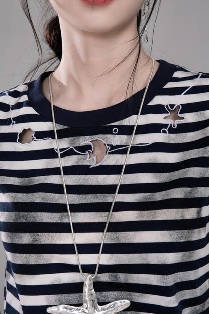 Navy Cut-Out Embroidered Striped T-Shirt
