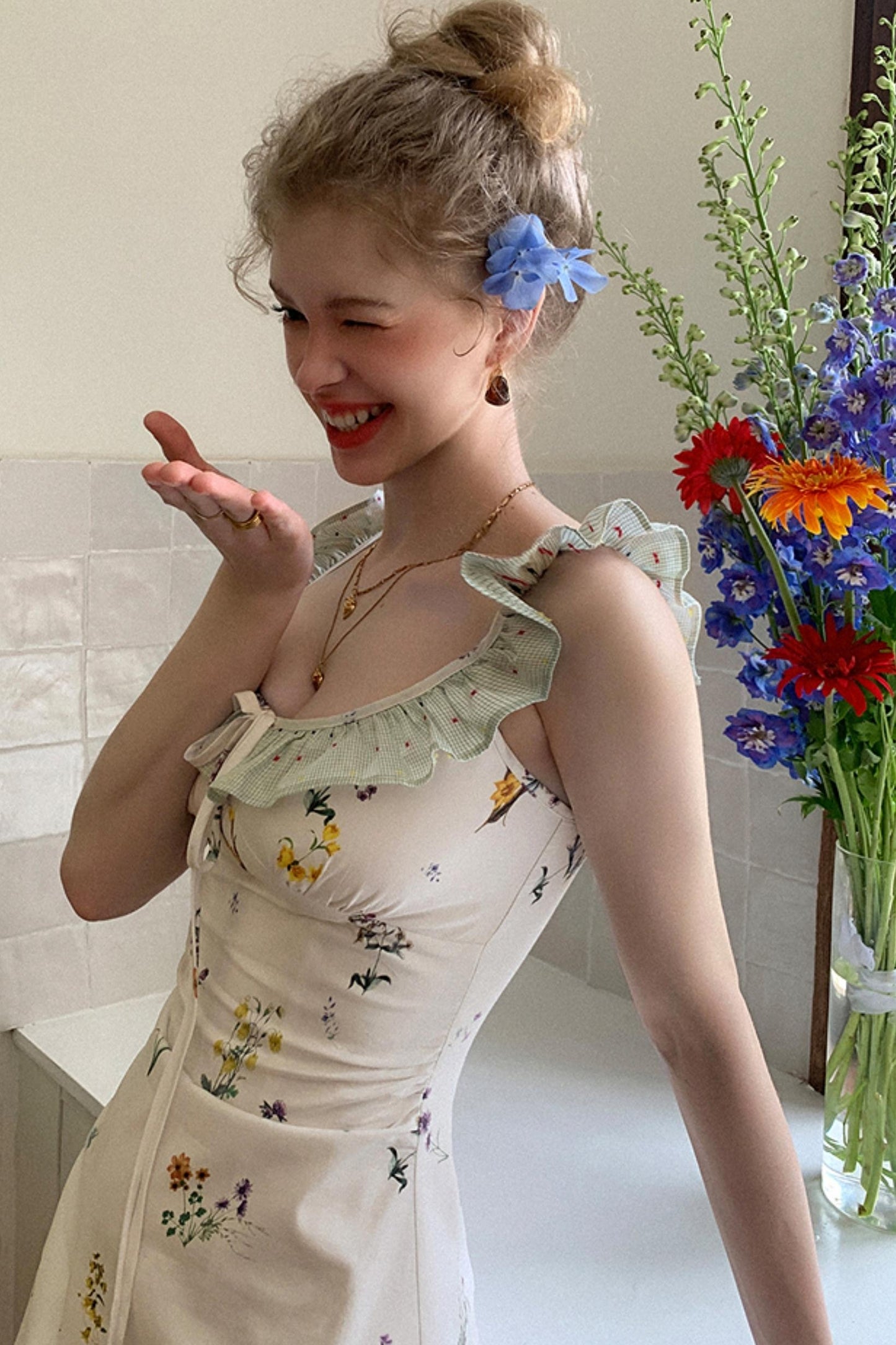 White Floral Ruffled Square Neck A-Line Slip Dress