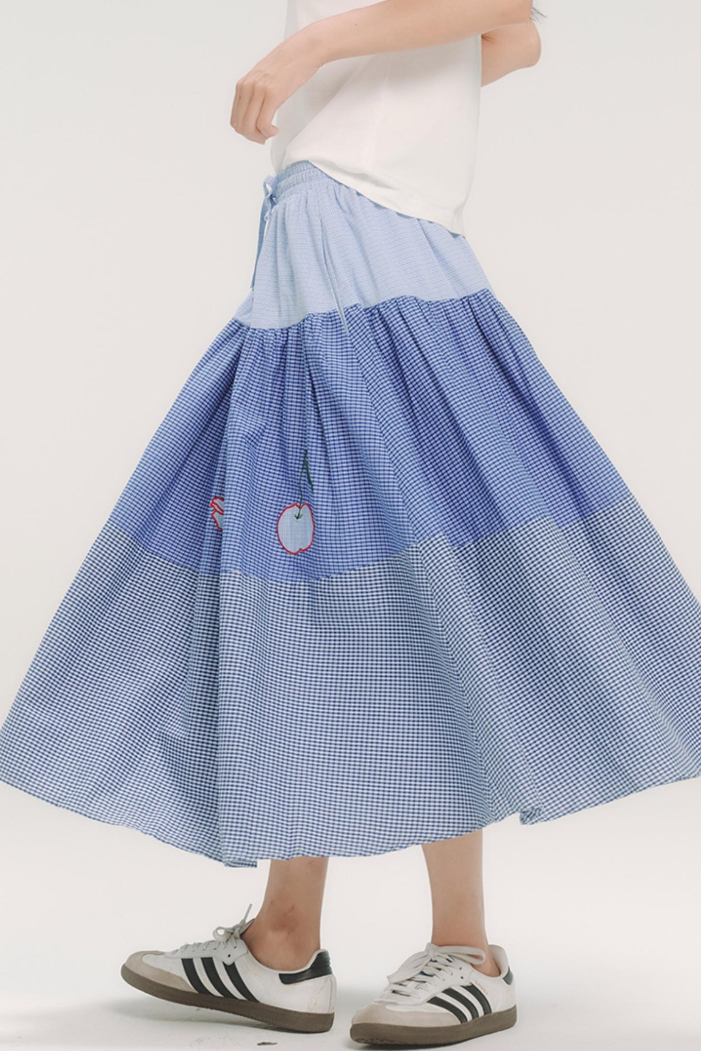 Blue Check Elastic Waist Skirt