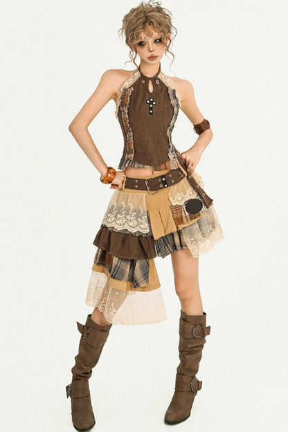 Wandering Plaid Lace Skirt