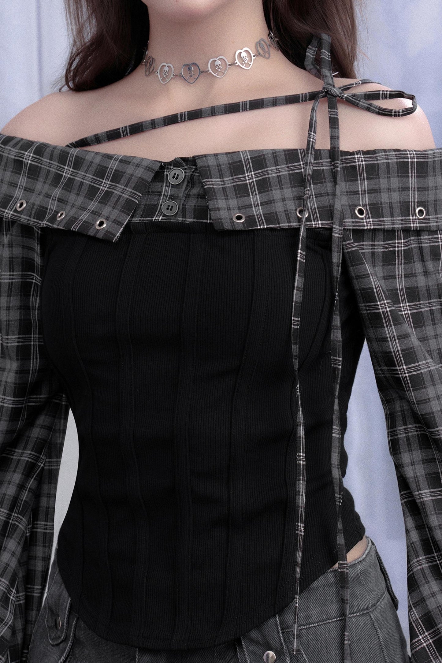 Fighting Spirit Plaid One-Shoulder Shirt