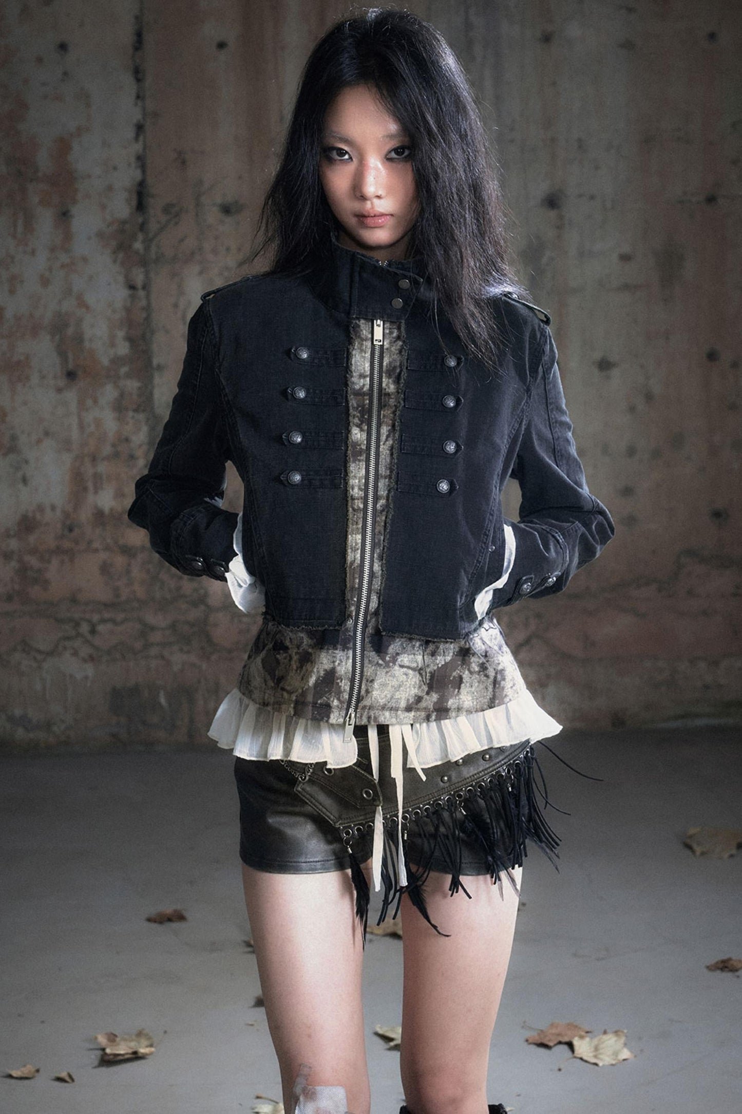 Stand Collar Distressed Patchwork Jacket