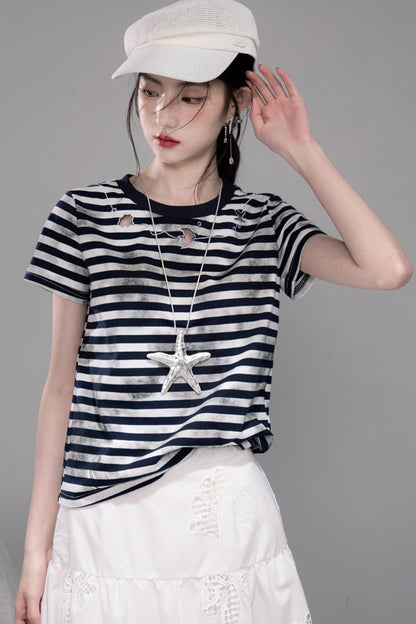 Navy Cut-Out Embroidered Striped T-Shirt