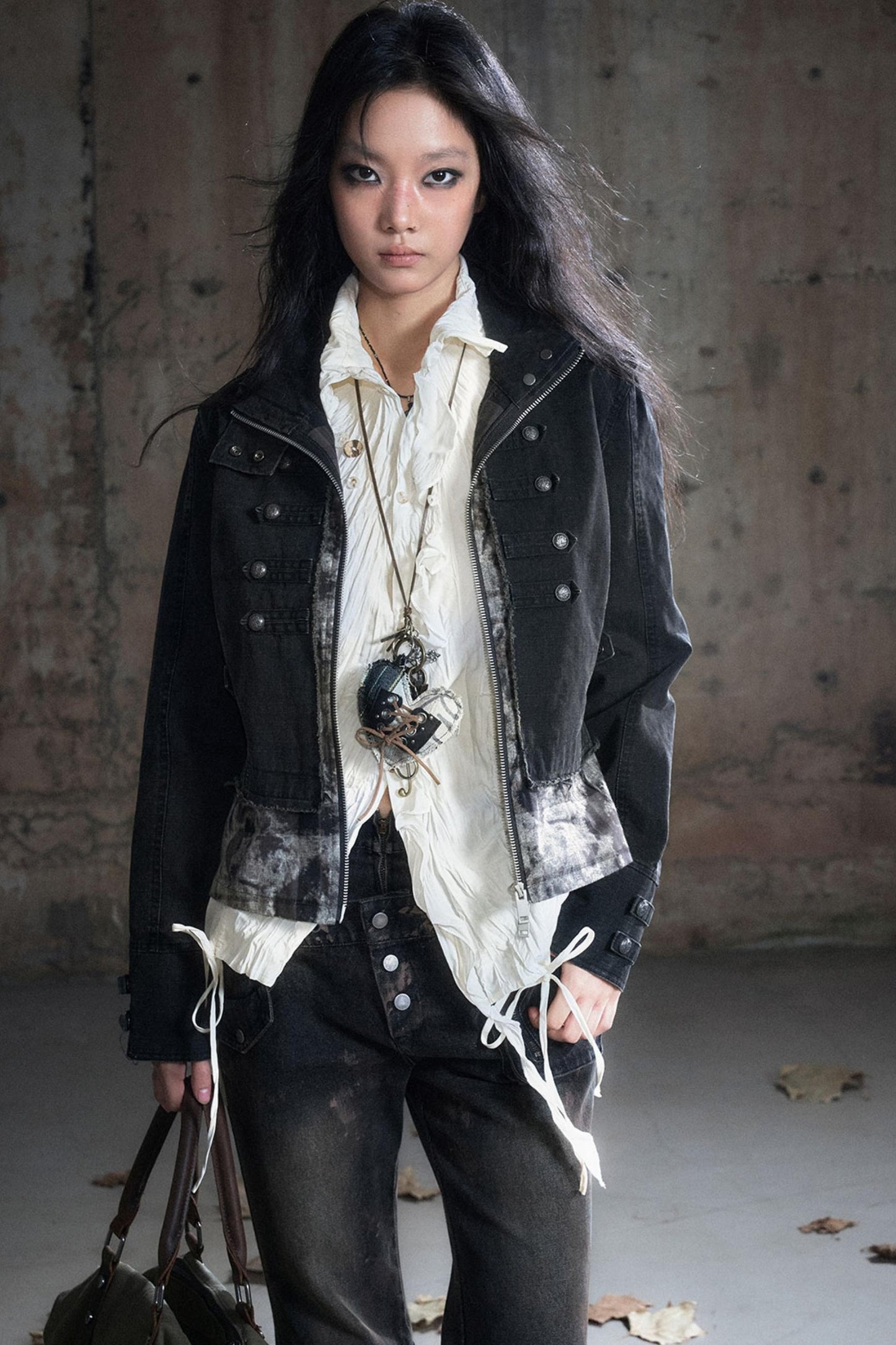 Stand Collar Distressed Patchwork Jacket