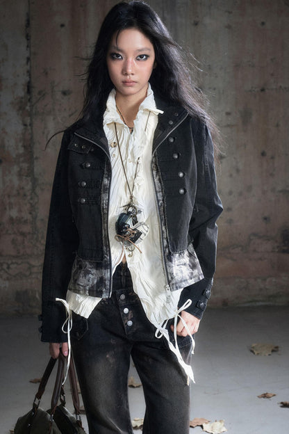 Stand Collar Distressed Patchwork Jacket