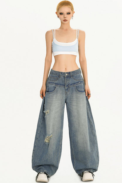 Simple American Style Loose Wash Jeans