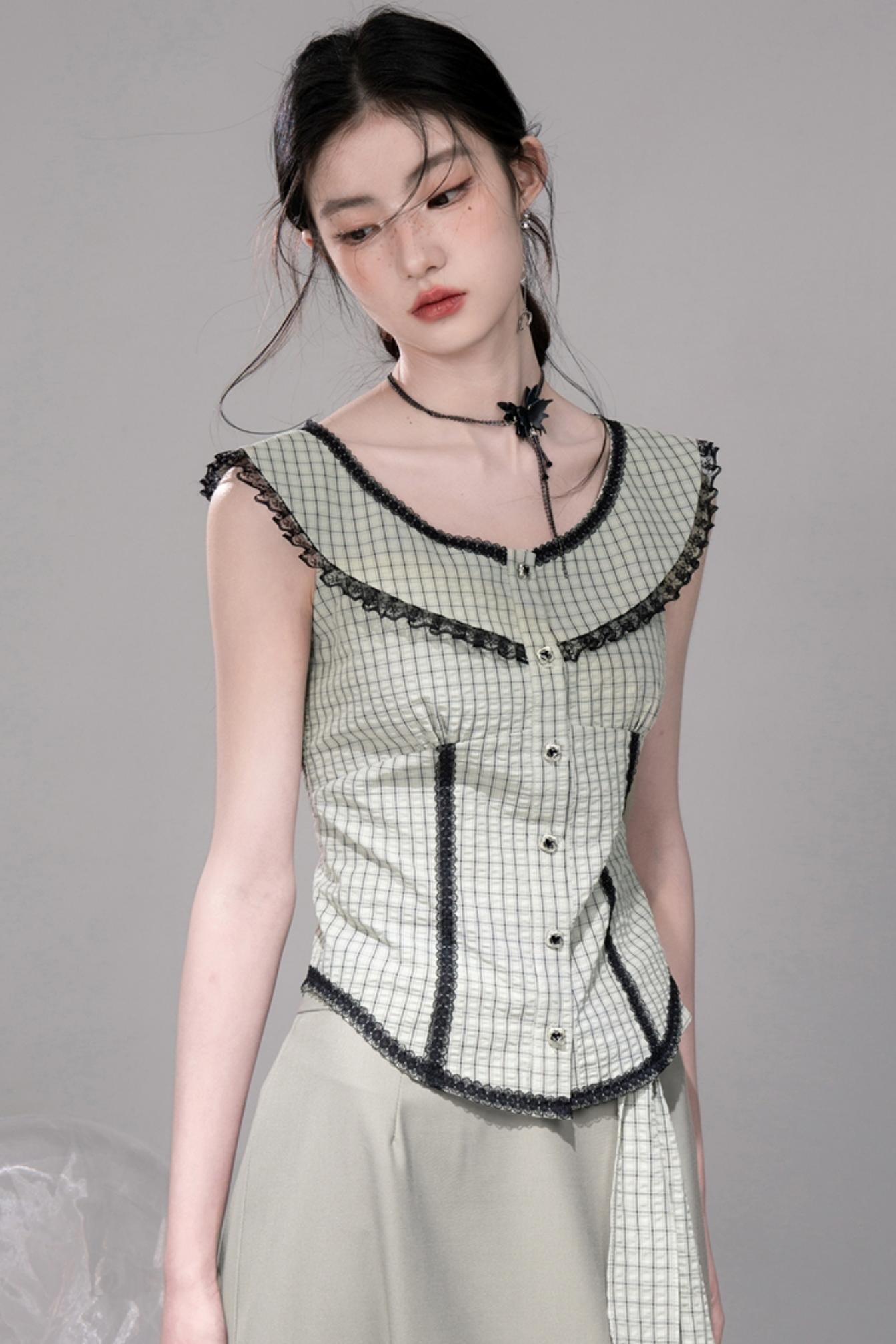 Waisted Green Check Lace Vest