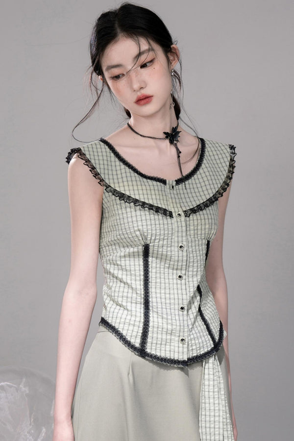 Waisted Green Check Lace Vest