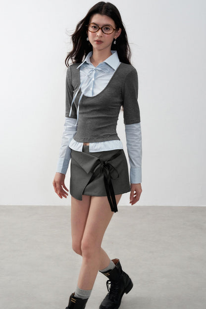Gray Bow Lace-Up A-Line Skirt