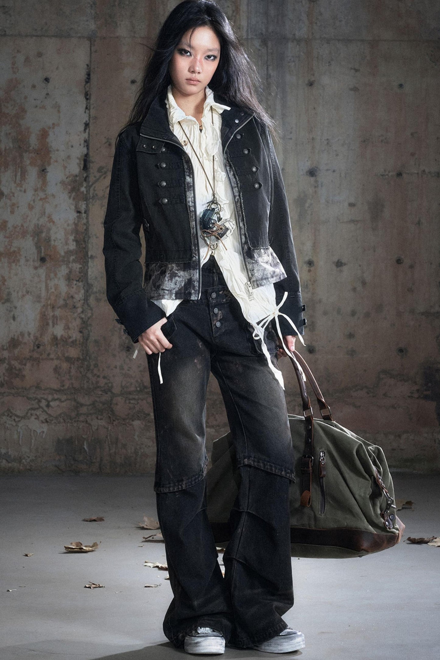 Stand Collar Distressed Patchwork Jacket