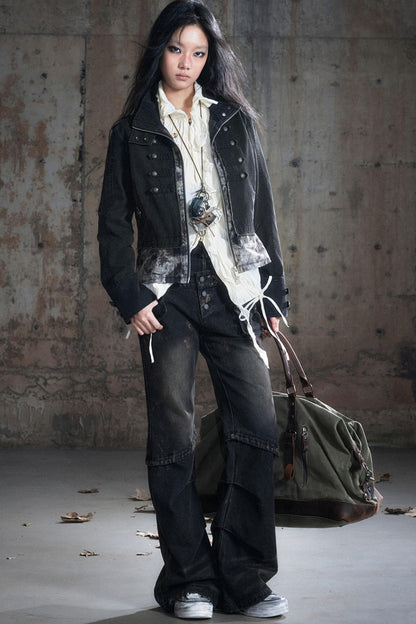 Stand Collar Distressed Patchwork Jacket
