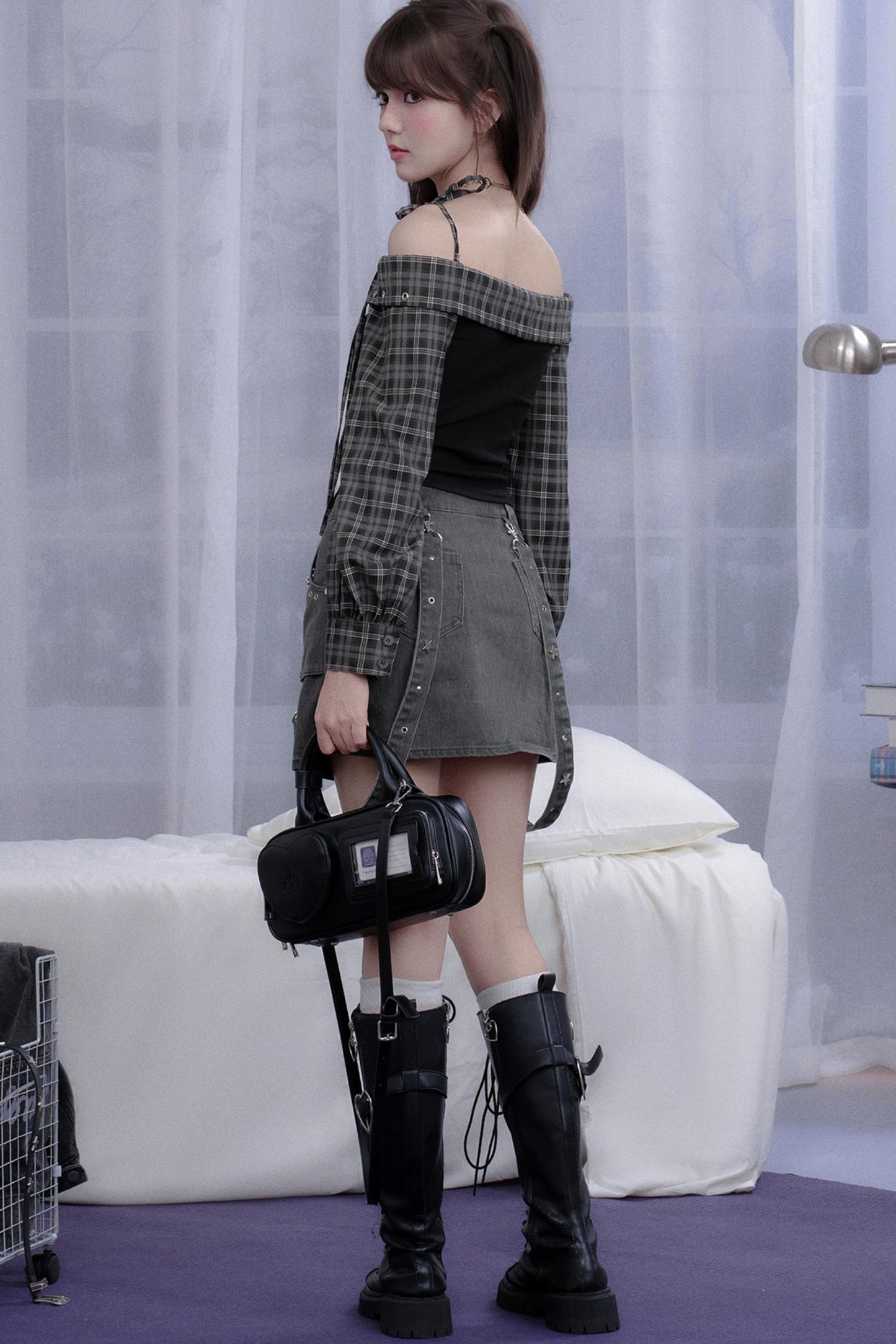 Fighting Spirit Plaid One-Shoulder Shirt