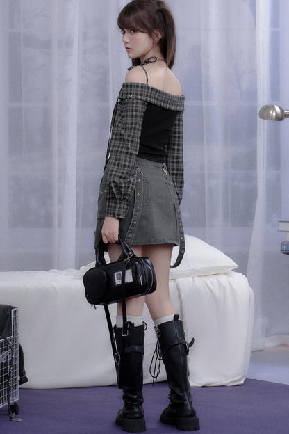 Fighting Spirit Plaid One-Shoulder Shirt