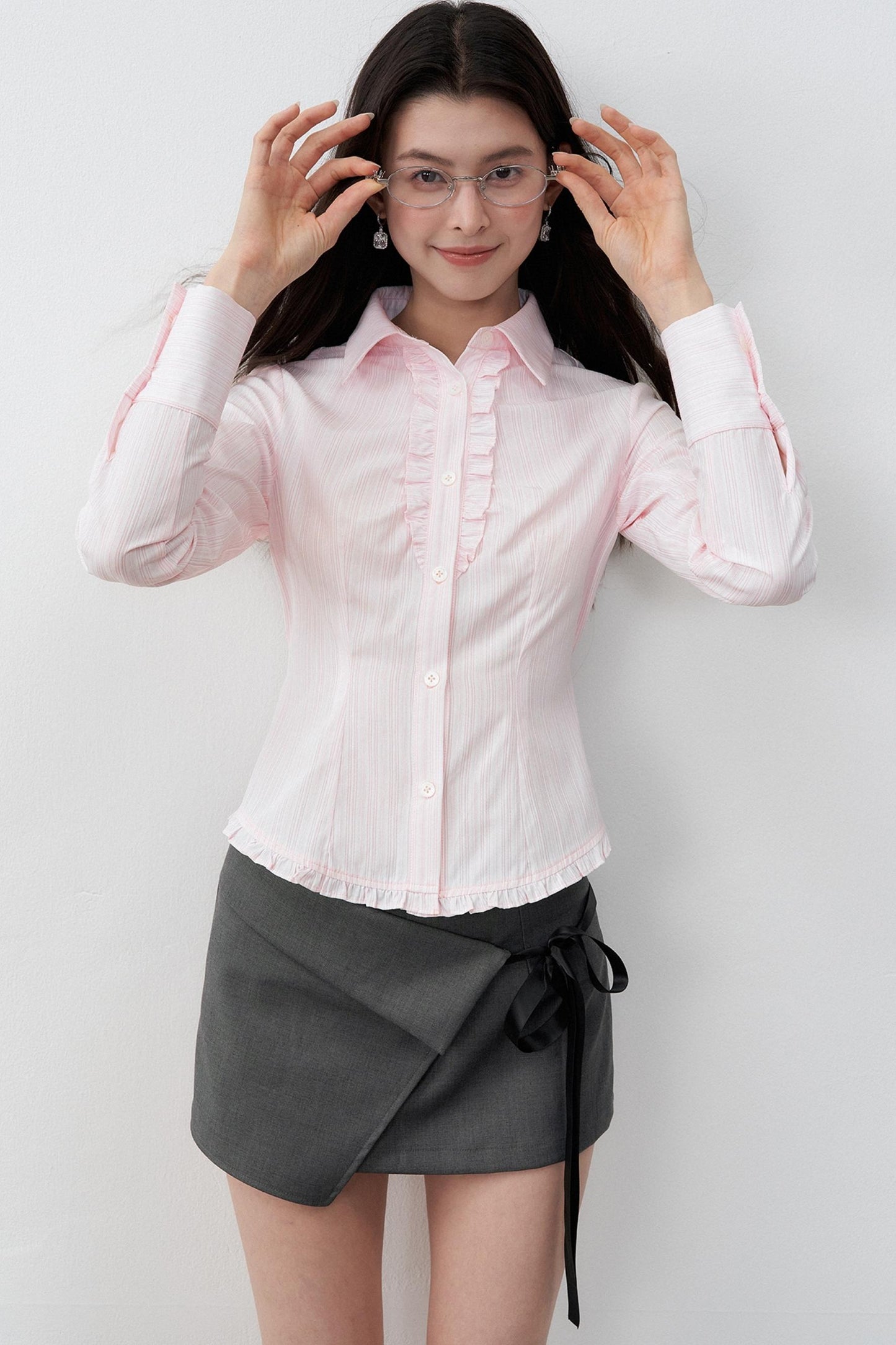 Stripe Texture Polo Collar Lace Tie-Up Shirt