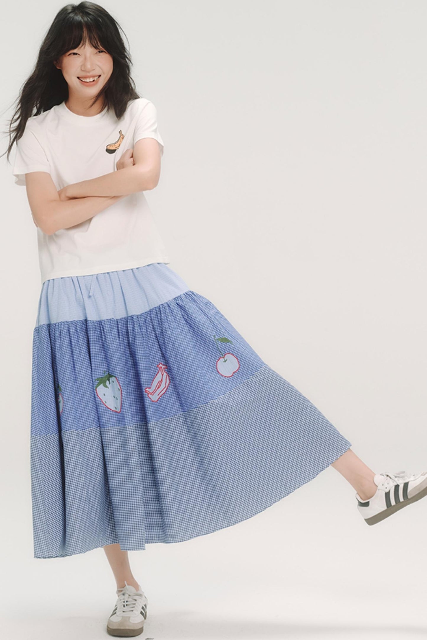 Blue Check Elastic Waist Skirt