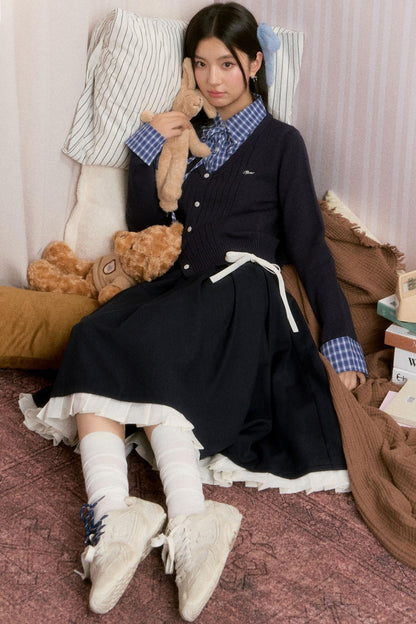 Contrast Layered Knit Pleated Skirt Set-Up