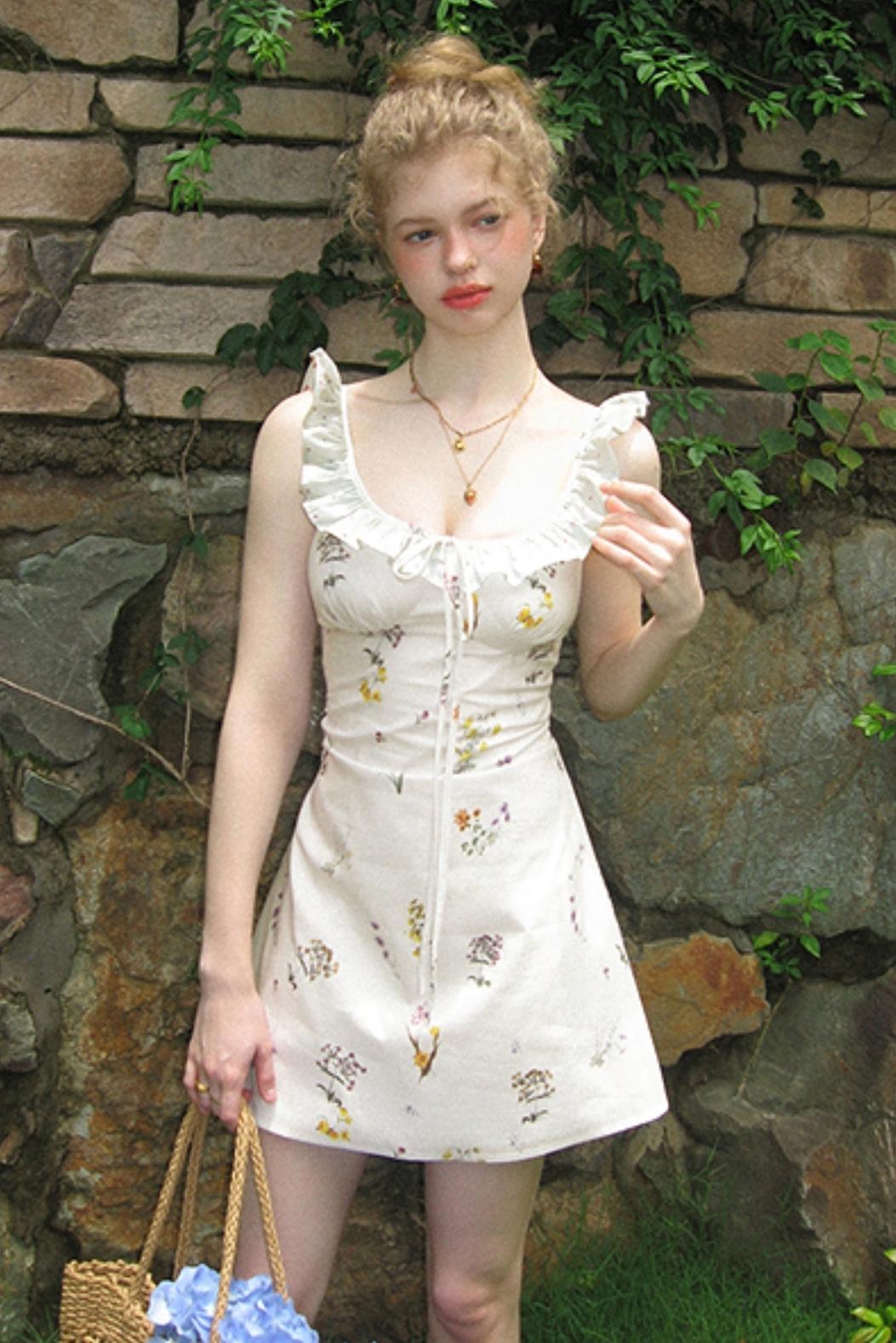 White Floral Ruffled Square Neck A-Line Slip Dress