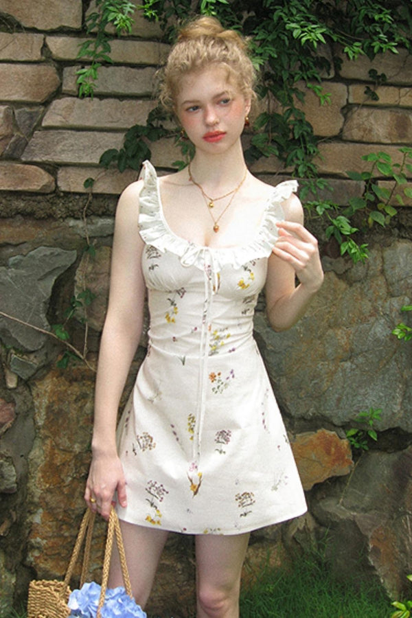 White Floral Ruffled Square Neck A-Line Slip Dress