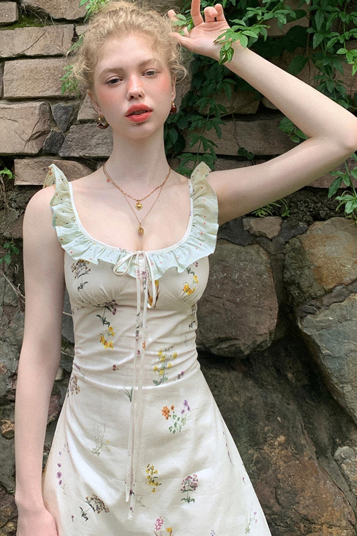 White Floral Ruffled Square Neck A-Line Slip Dress