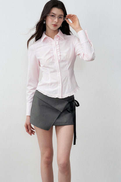 Gray Bow Lace-Up A-Line Skirt
