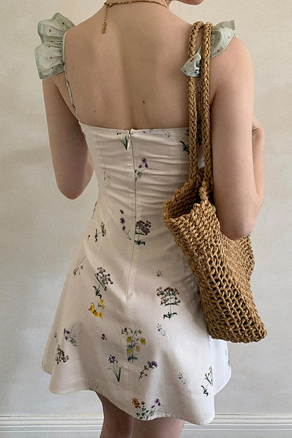 White Floral Ruffled Square Neck A-Line Slip Dress