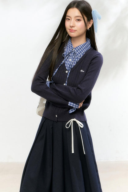 Contrast Layered Knit Pleated Skirt Set-Up