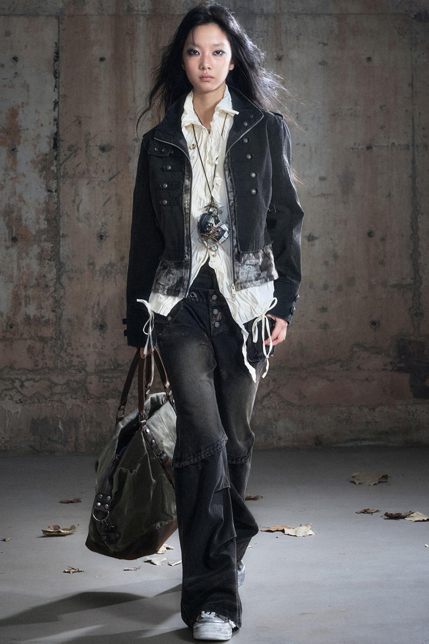Stand Collar Distressed Patchwork Jacket