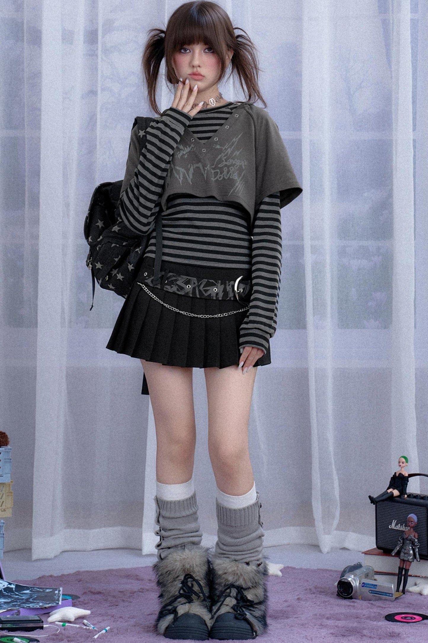 Furry Gray Striped Hooded Two-Piece Set-Up