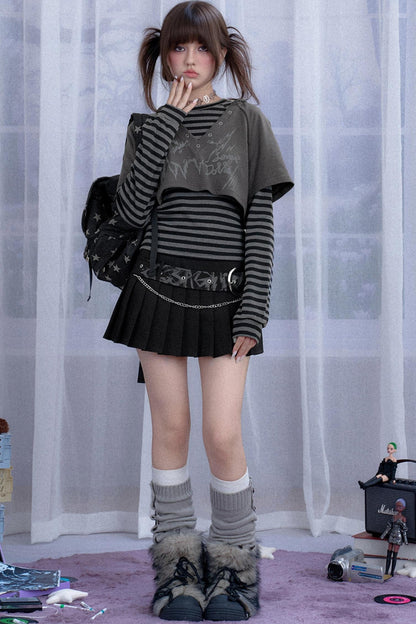 Furry Gray Striped Hooded Two-Piece Set-Up