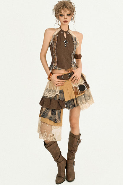 Wandering Plaid Lace Skirt