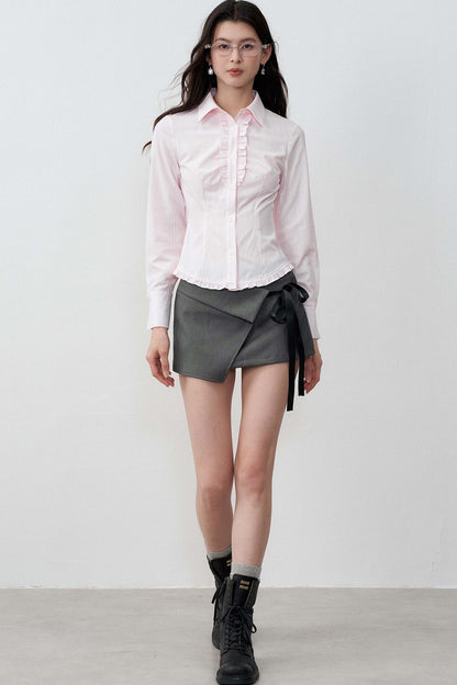 Gray Bow Lace-Up A-Line Skirt