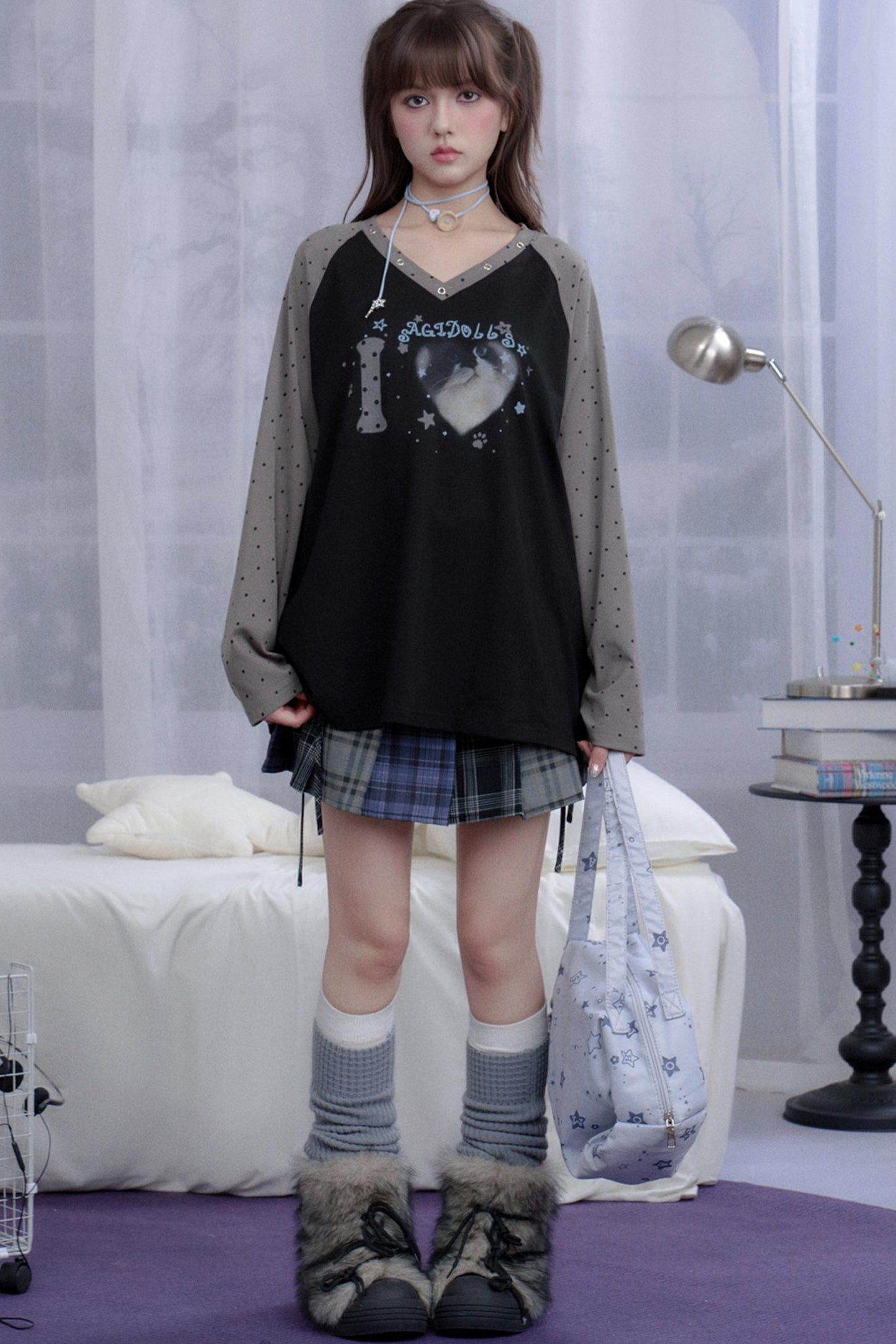 Fighting Spirit Cat Print Raglan T-shirt