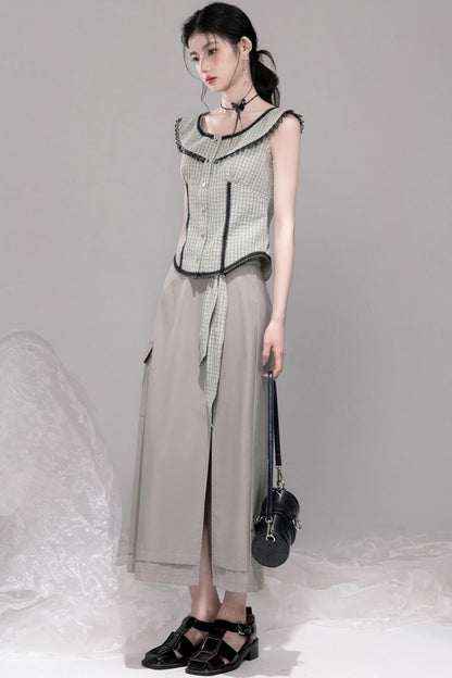 Waisted Green Check Lace Vest