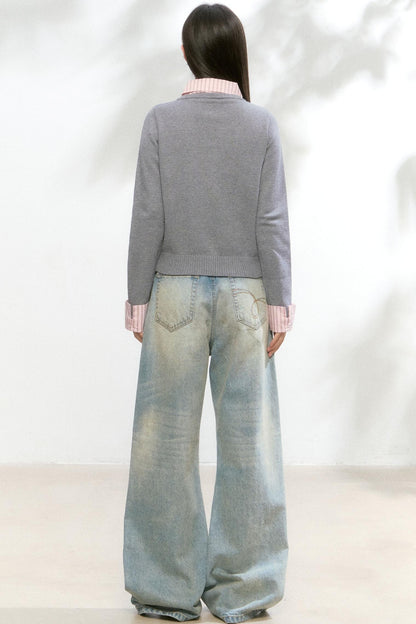 Contrast Layered Knit Pleated Skirt Set-Up