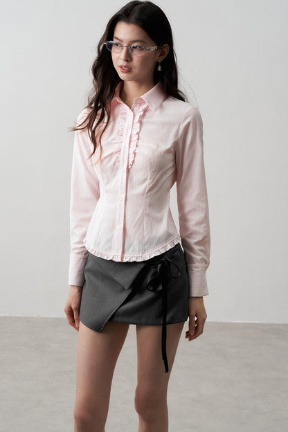 Stripe Texture Polo Collar Lace Tie-Up Shirt