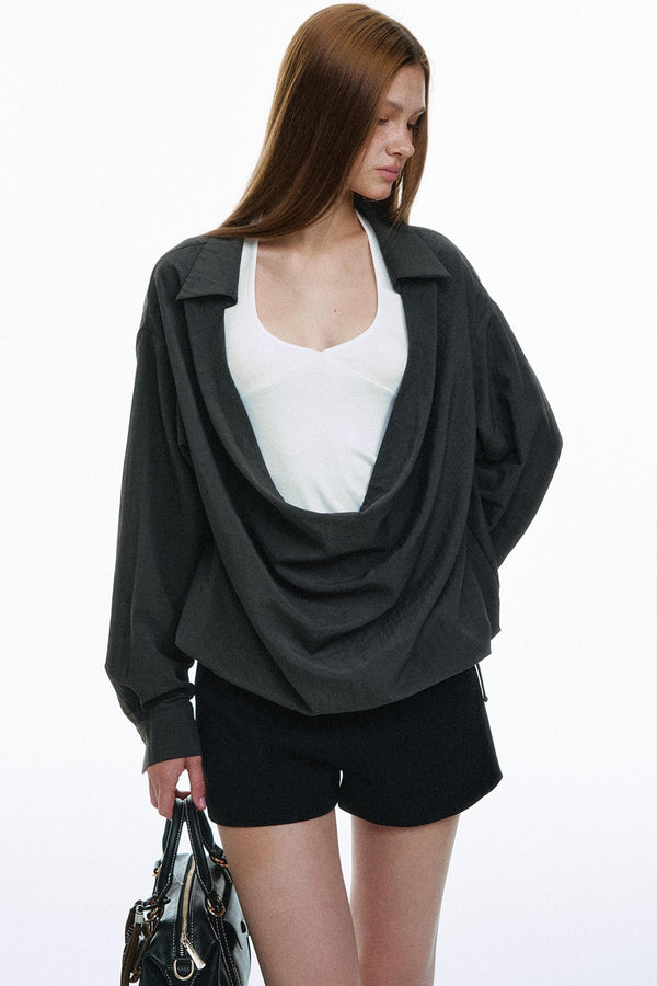 Solid Collar Long-Sleeved Shirt Top
