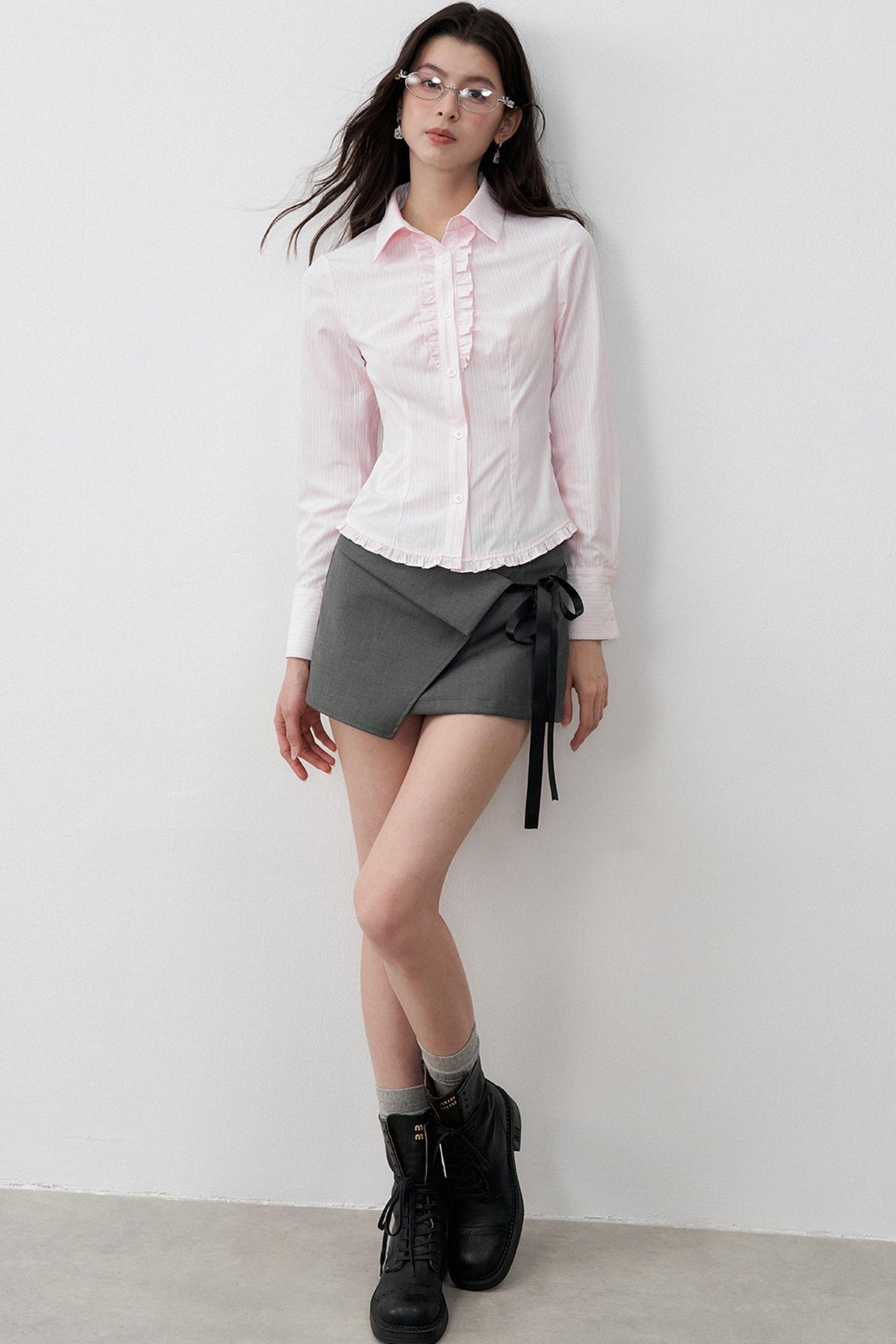 Stripe Texture Polo Collar Lace Tie-Up Shirt