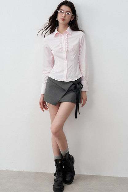 Stripe Texture Polo Collar Lace Tie-Up Shirt