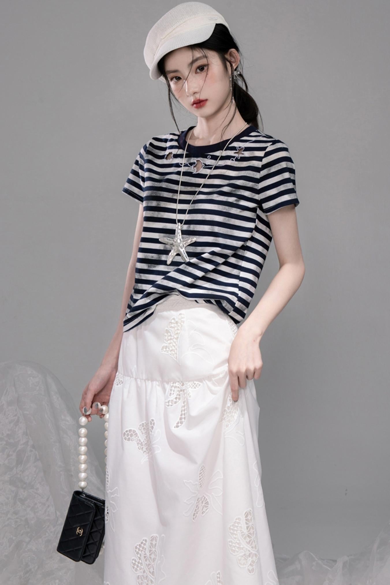 Navy Cut-Out Embroidered Striped T-Shirt