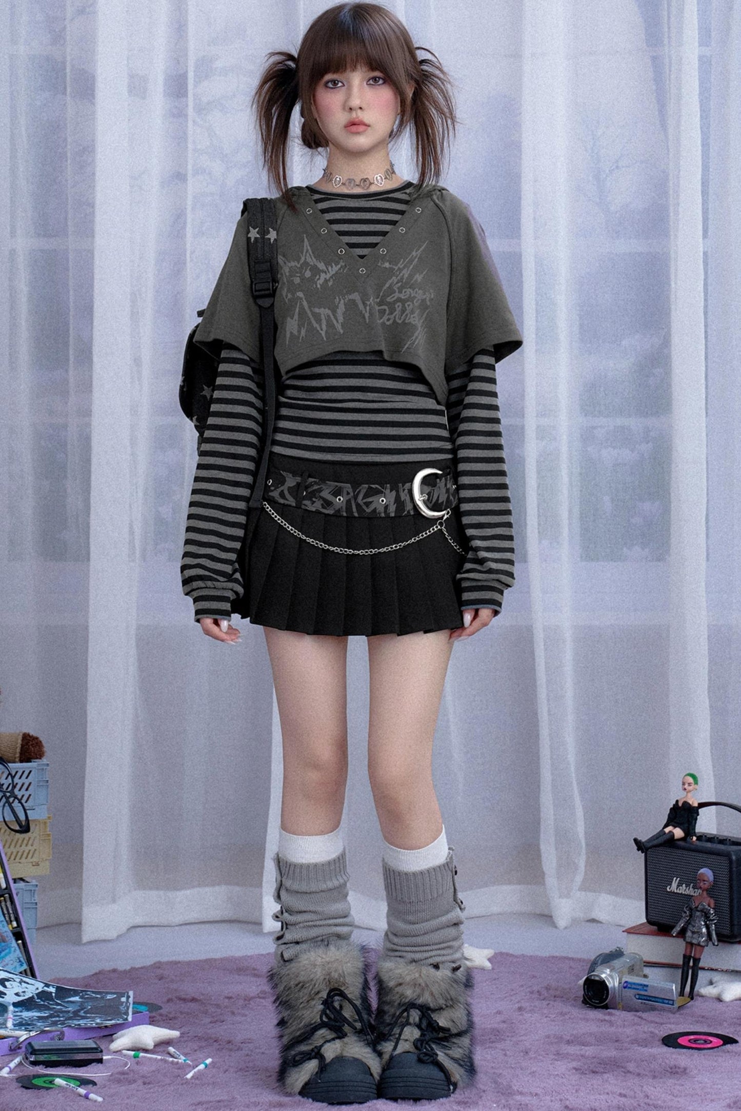 Furry Gray Striped Hooded Two-Piece Set-Up